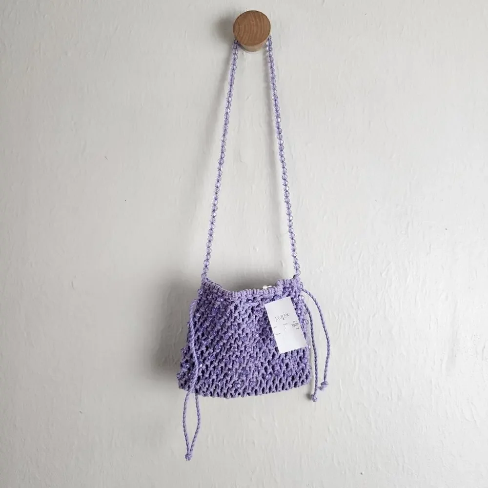 J.Crew Purple Knitted Crochet Pouch Bag Beaded Strap Drawstring - New BY236